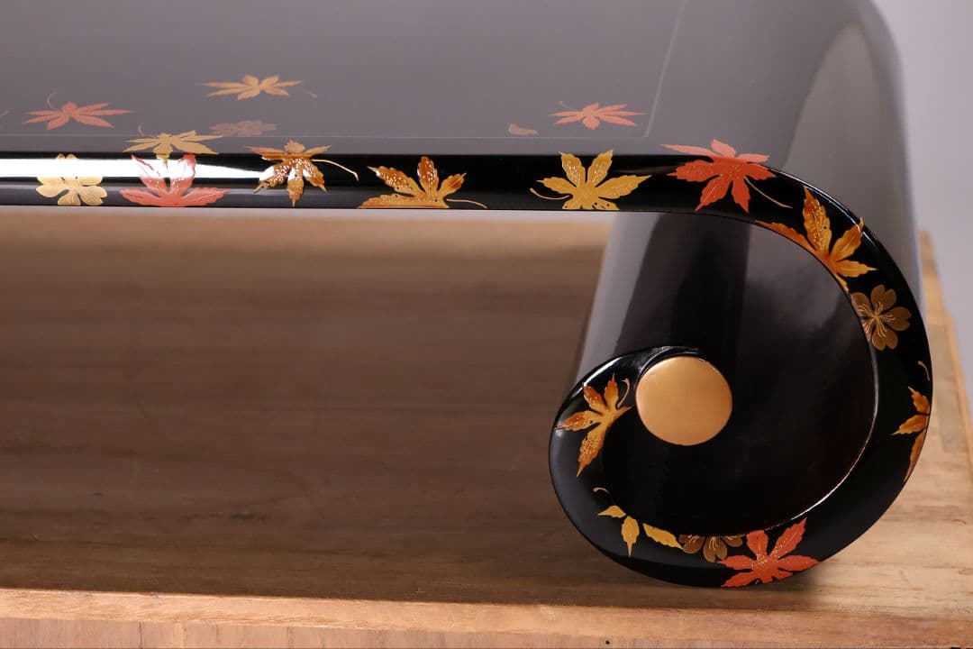 漆芸 紅葉桜 波千鳥 蒔絵 巻足 平卓 花台 黒塗 梨地 木製 楓【MA939】