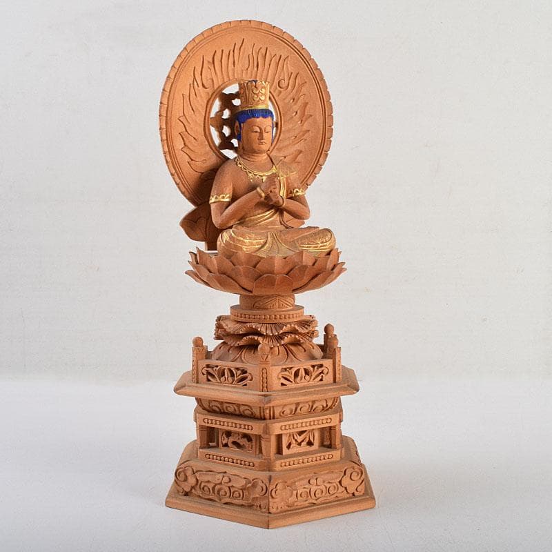 仏教美術　白檀彫刻　色彩木彫　大日如来坐像(金剛界)　仏像　置物　F　R9395