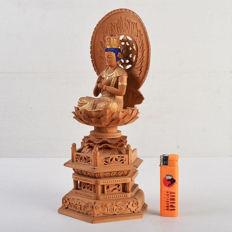 仏教美術　白檀彫刻　色彩木彫　大日如来坐像(金剛界)　仏像　置物　F　R9395
