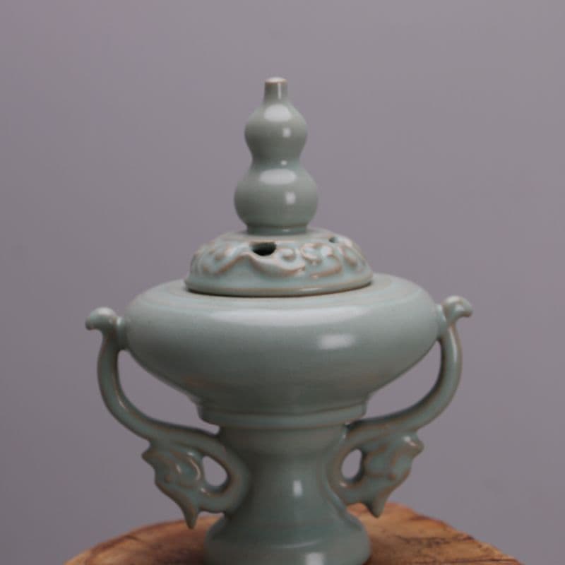 中国　汝窯 ひょうたん香炉　双龍香炉　天青釉