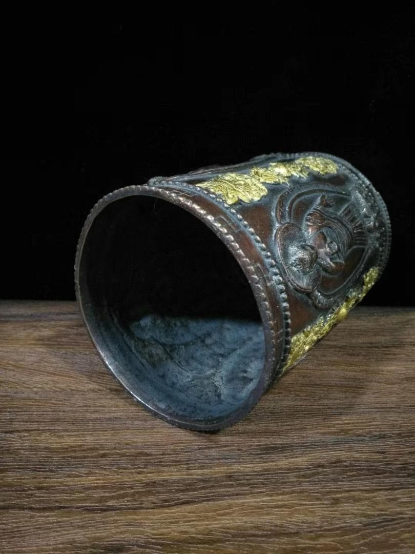 中国古美術・チベット铜鎏金八吉祥《四面佛金剛罐》・細密彫 ・六字大明呪彫刻・置物