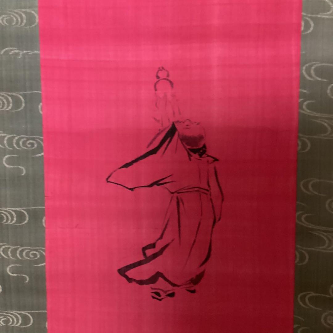 中国画　　肉筆画　【　通玄仙人瓢箪から駒之図　】　朱の絹本下地に水墨　381