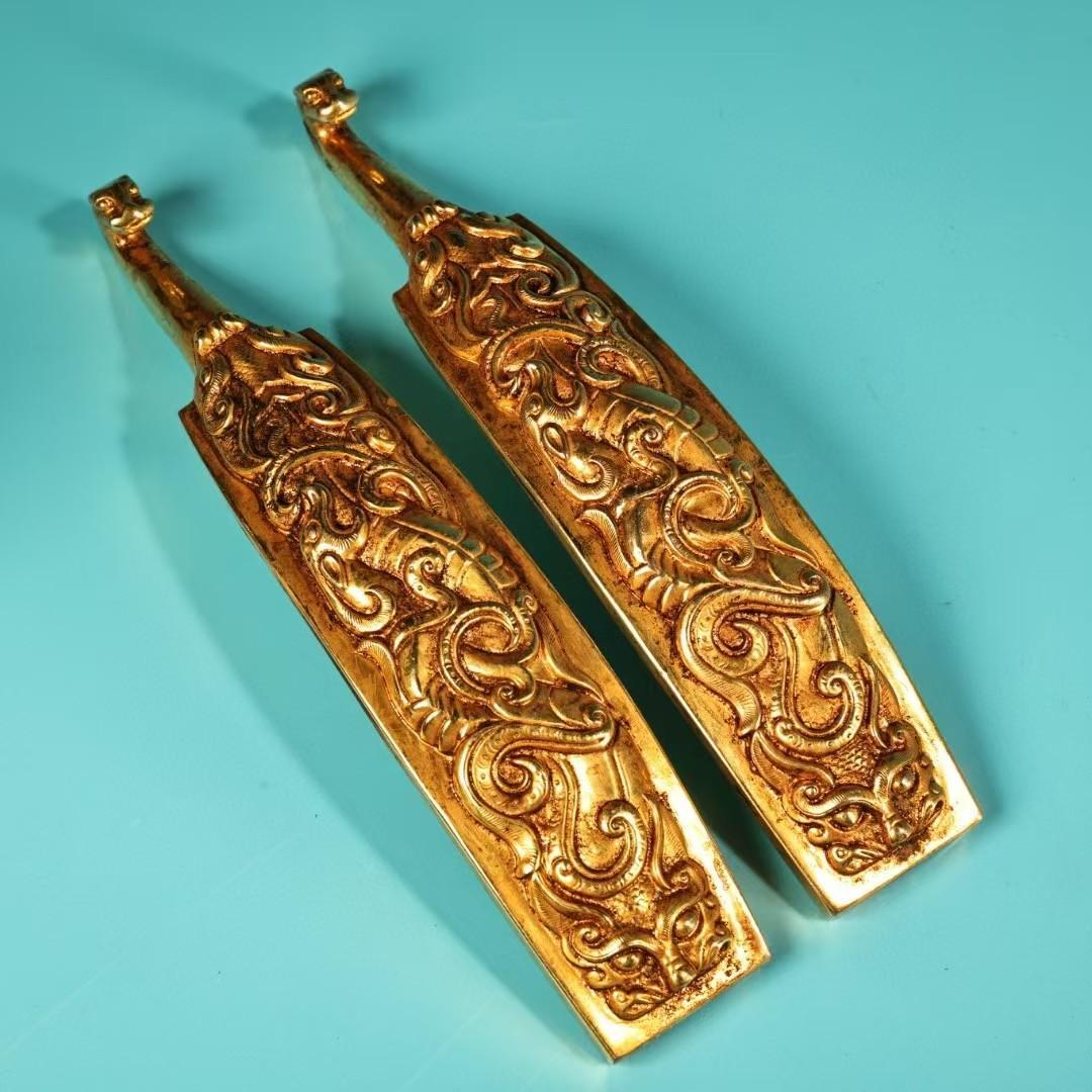 中国古美術・鎏金の龍紋如意腰帯留めセット・純銅细密彫・純手作り・高浮彫り・根付