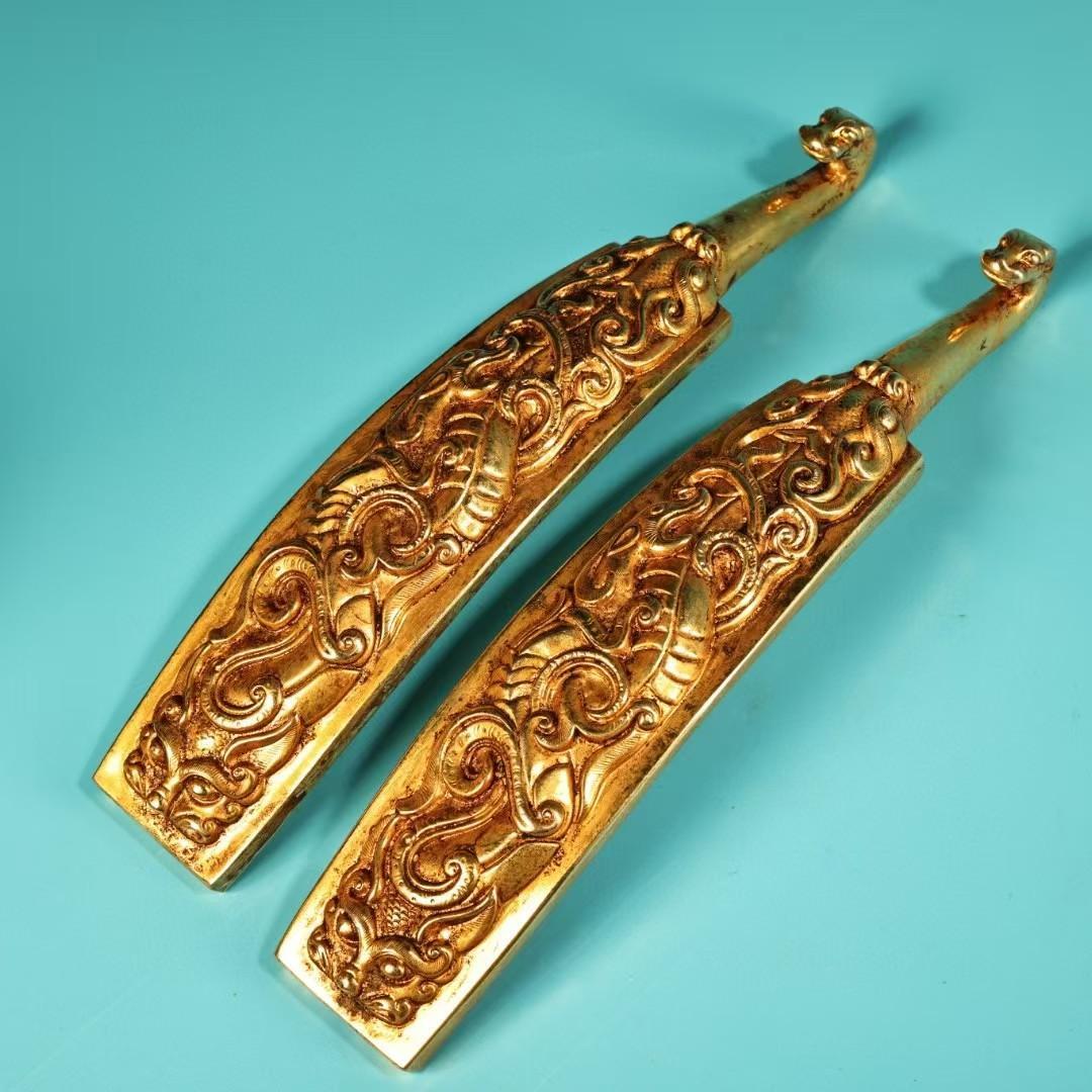 中国古美術・鎏金の龍紋如意腰帯留めセット・純銅细密彫・純手作り・高浮彫り・根付