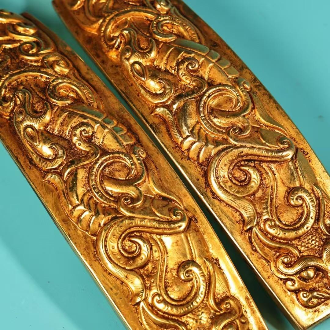 中国古美術・鎏金の龍紋如意腰帯留めセット・純銅细密彫・純手作り・高浮彫り・根付