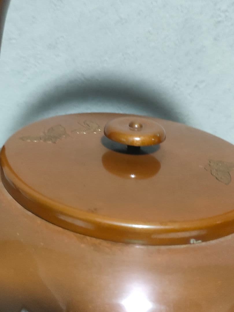★【茶道具】銅製金象嵌 秋草に蝶図 水注 薬缶