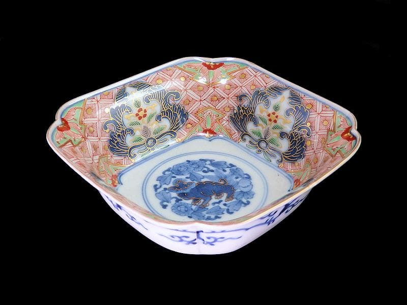 大聖寺古伊万里　菊花四方襷紋に獅子の図　四方角向付　E508AS-CRw