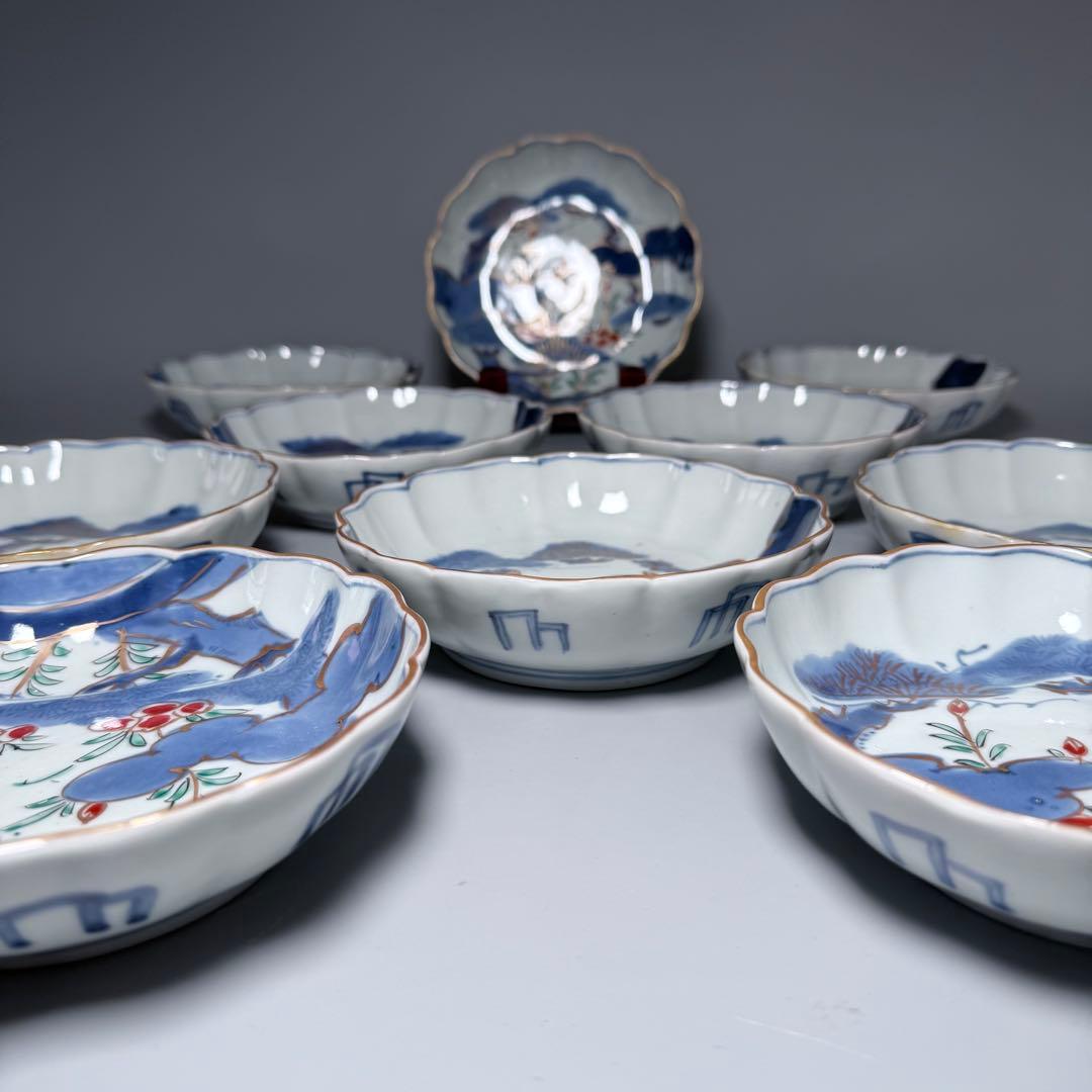 古伊万里　染錦松文様なます皿　10客　ホタルの窯印　江戸期　直径15.3cm