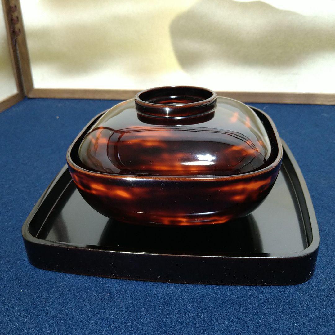 Al1 輪島塗四方椀蓋付敷盆付二客 雲上鶴蒔絵細密蒔絵 煮物椀菓子椀懐石椀