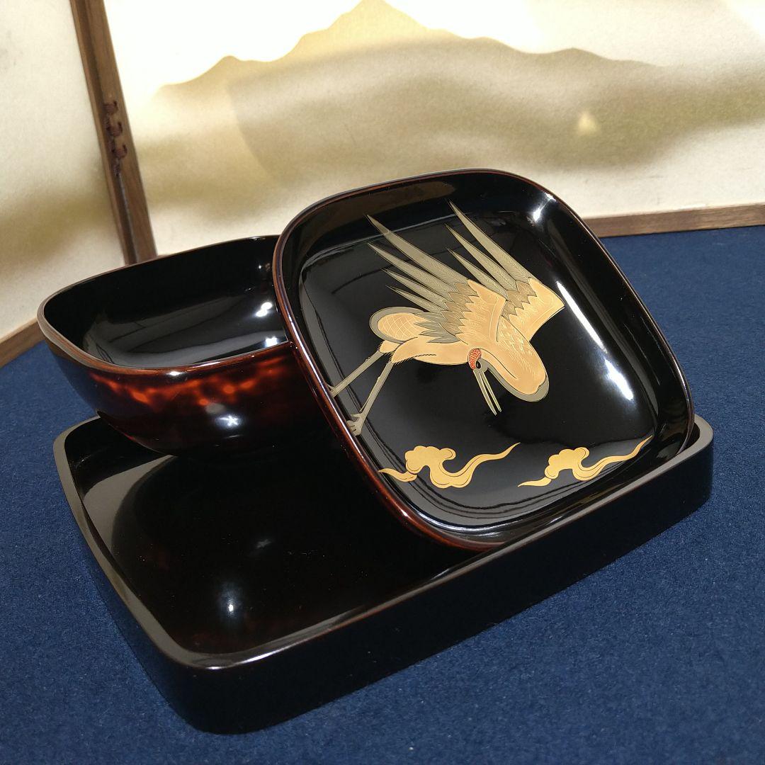 Al1 輪島塗四方椀蓋付敷盆付二客 雲上鶴蒔絵細密蒔絵 煮物椀菓子椀懐石椀