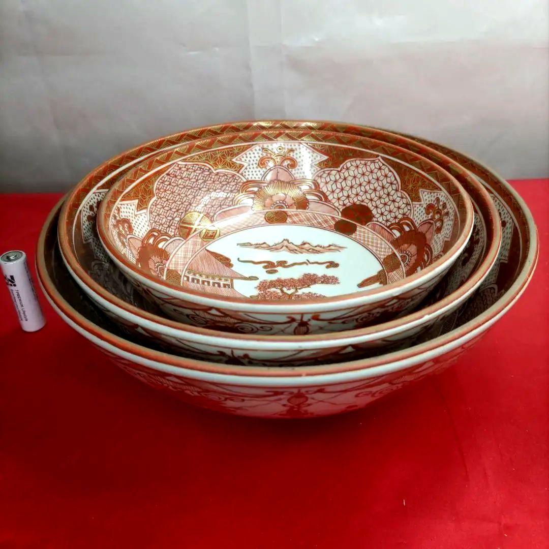 九谷焼　古九谷　金彩　赤絵　三ツ鉢　小鉢　中鉢　大鉢　骨董　希少　明治期