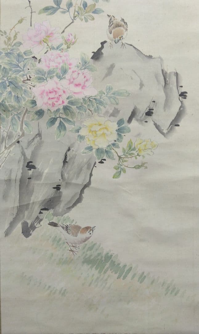 鎌田梅石（森琴石 師事）不老長春図（花鳥図）絹本　掛軸