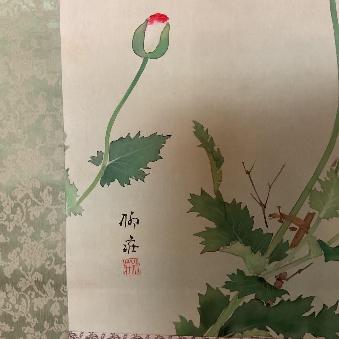 梅 荘 作 絹本 彩色 密画 《 芥子の花図 》 共箱 軸先鹿軸