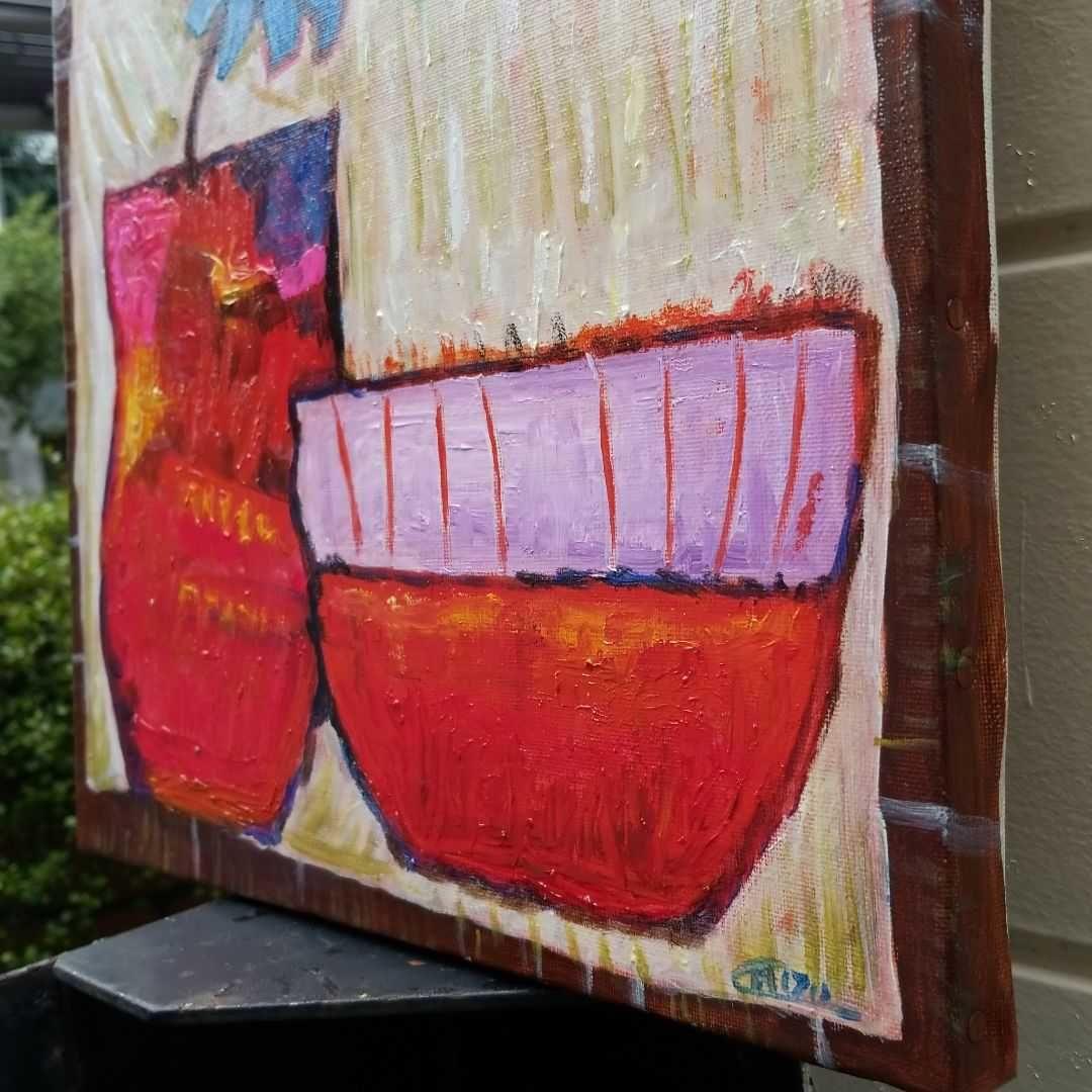 油絵　よっこ　ふたつのうつわと青い花