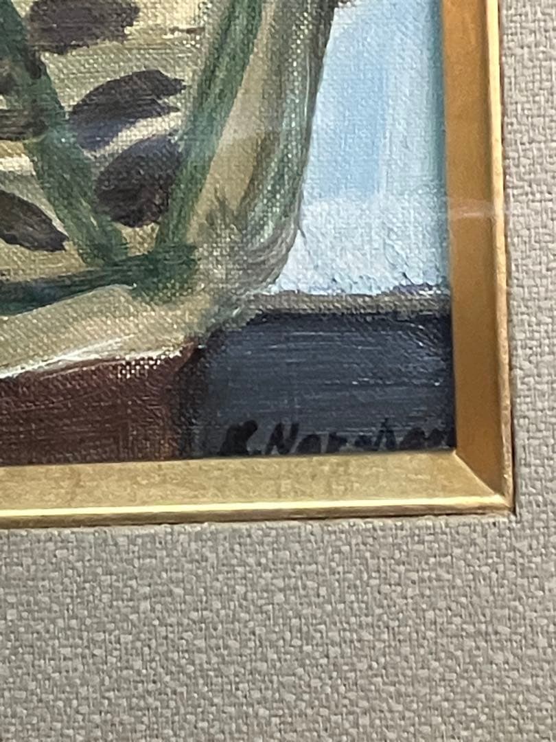 楢原健三「椿」 0号 油彩 油絵 絵画 静物画 当時オリジナル額装 木製額縁