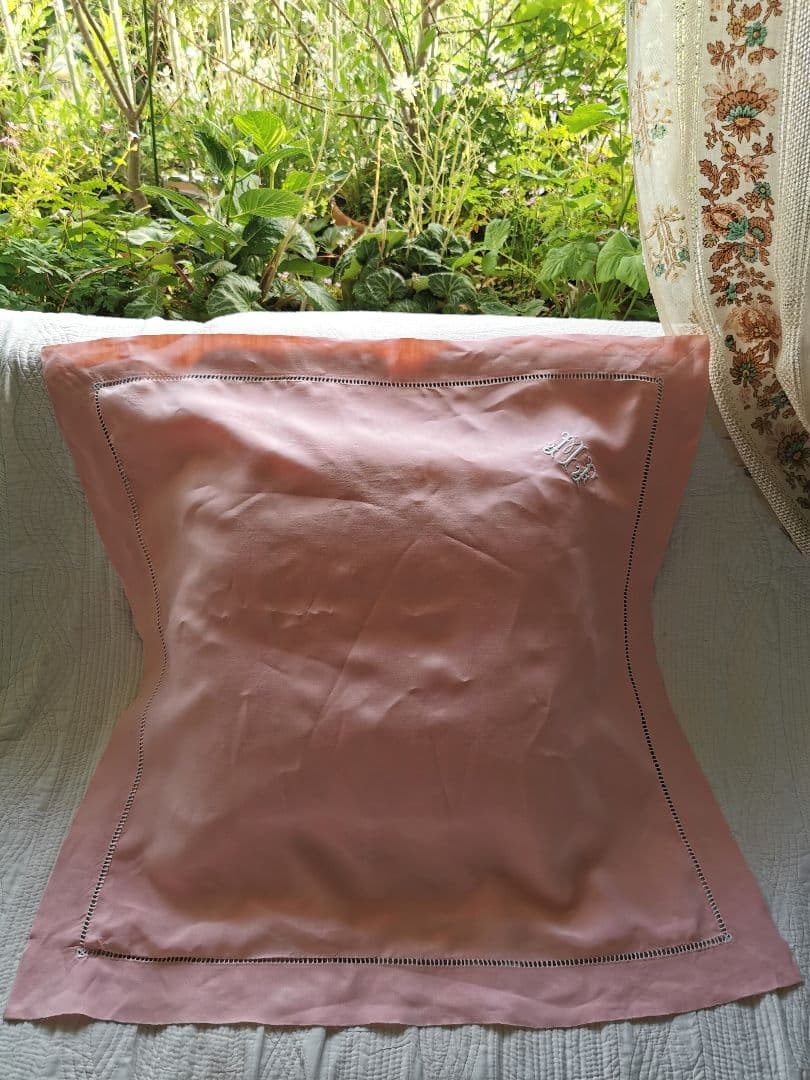 アンティークフランス モノグラムＭＦ手刺繍ピンク リネン大判クッションカバー