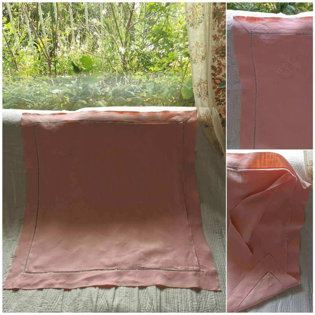 アンティークフランス モノグラムＭＦ手刺繍ピンク リネン大判クッションカバー