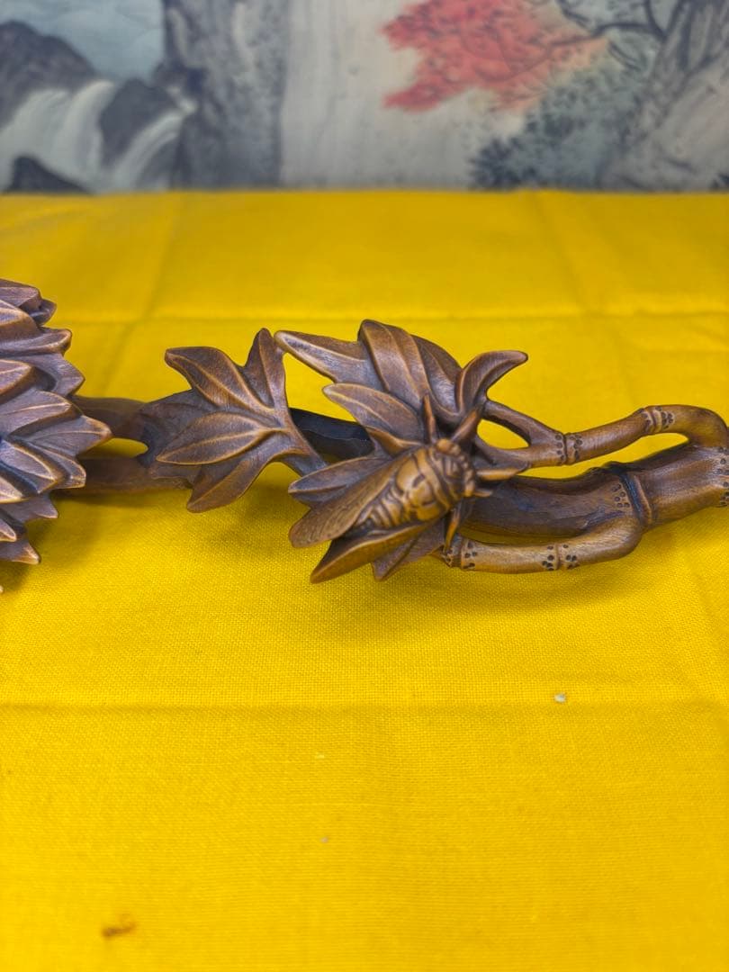 置物　珍木 古美術 黄楊木 虫 竹　　極細工