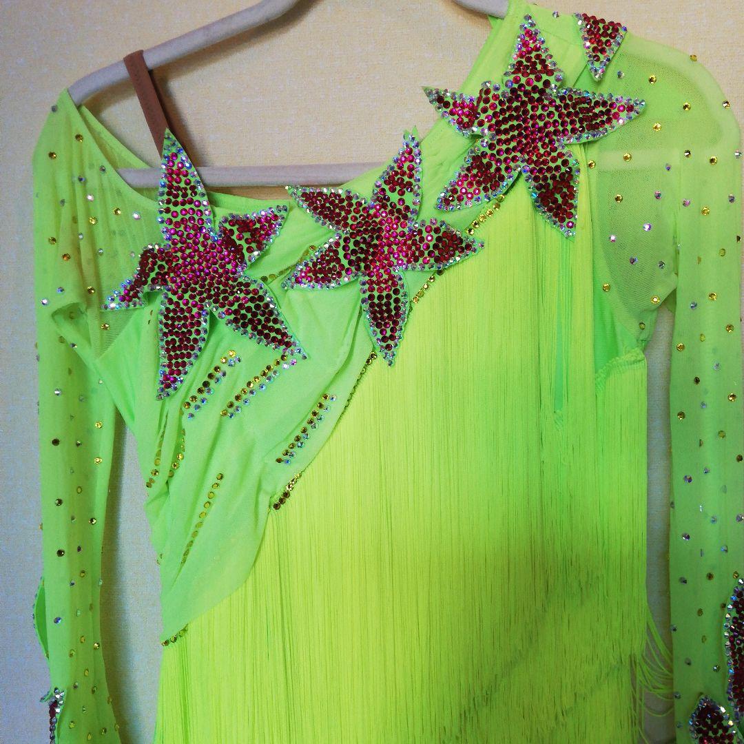 社交ダンス ラテンドレス フリンジ 黄緑 蛍光色