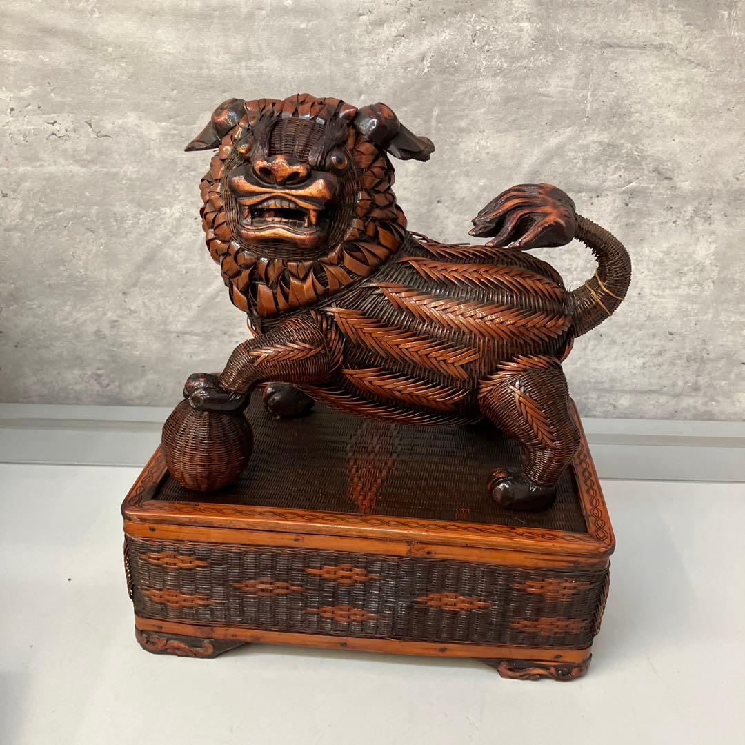 ヴィンテージ 上海手工芸品 籐製 フーフードッグ 獅子 犬 バスケット ボックス