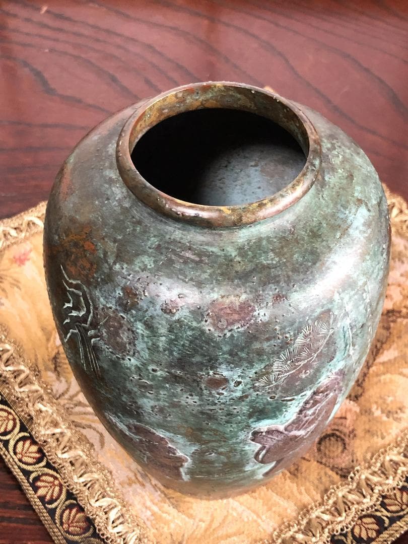 【 高肉象嵌銅壺 】　 高士唐子図　中華古玩