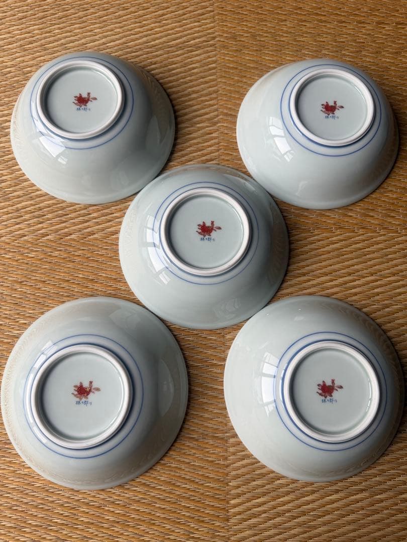 林九郎窯 有田焼 波佐見焼 赤絵 金彩 牡丹 松竹梅 5客