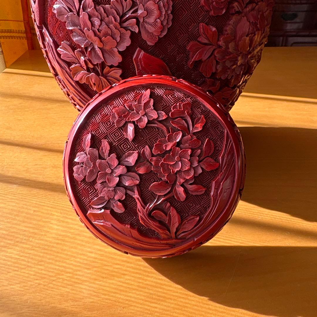 堆朱 蓋付き壺 中国美術 彫刻 骨董品 置物 昭和レトロ アンティーク