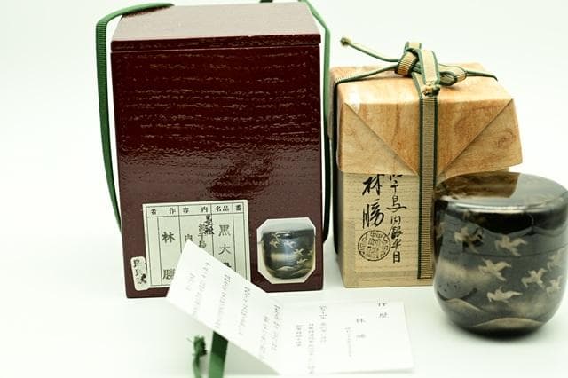 塗師　林勝　黒　大棗　墨絵　波千鳥　内銀平目　茶道具　二重箱　美品