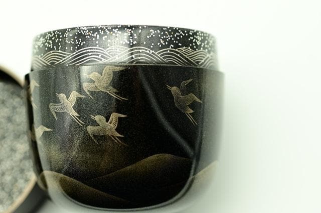 塗師　林勝　黒　大棗　墨絵　波千鳥　内銀平目　茶道具　二重箱　美品