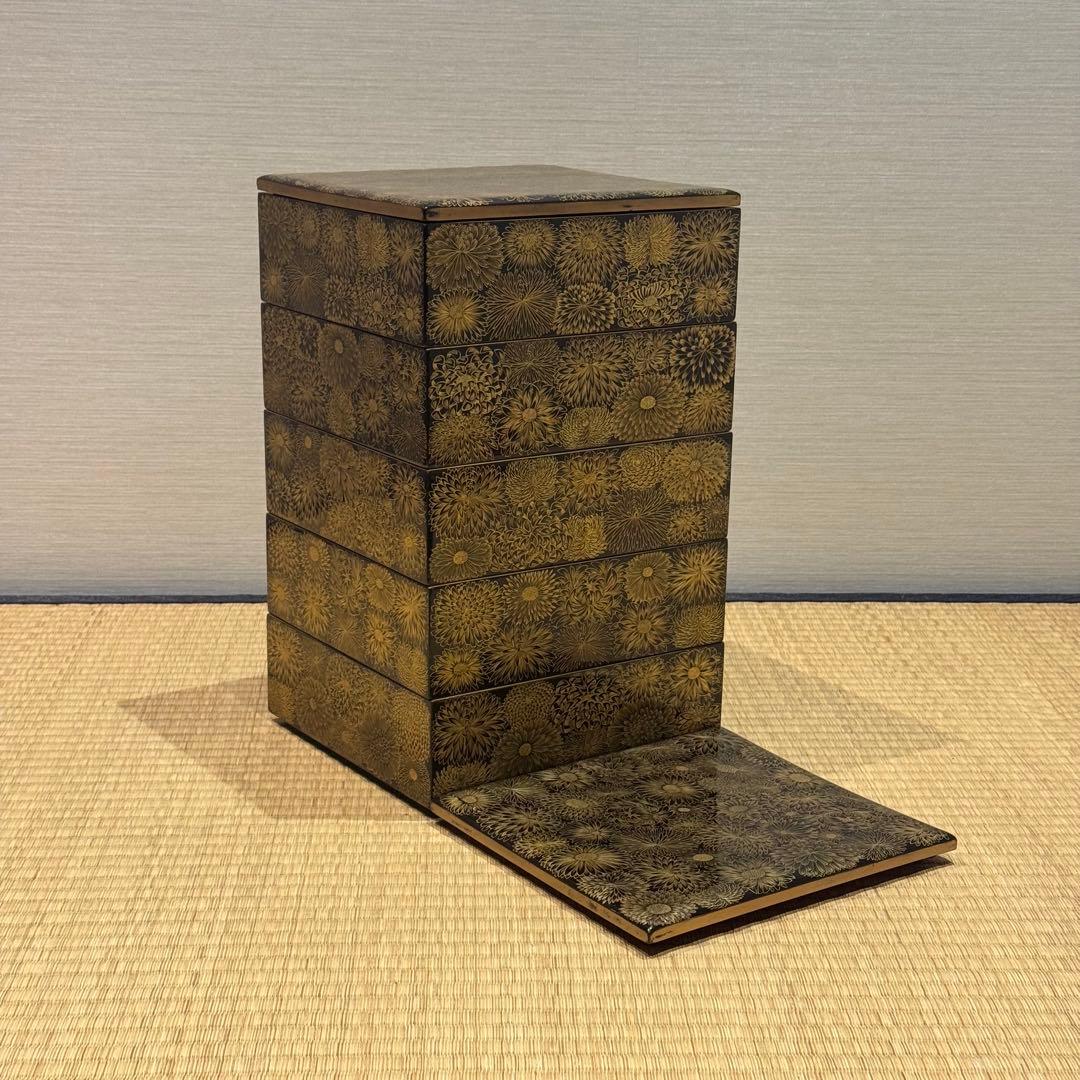 輪島塗 菊花総沈金彫 五段重箱 木製漆器