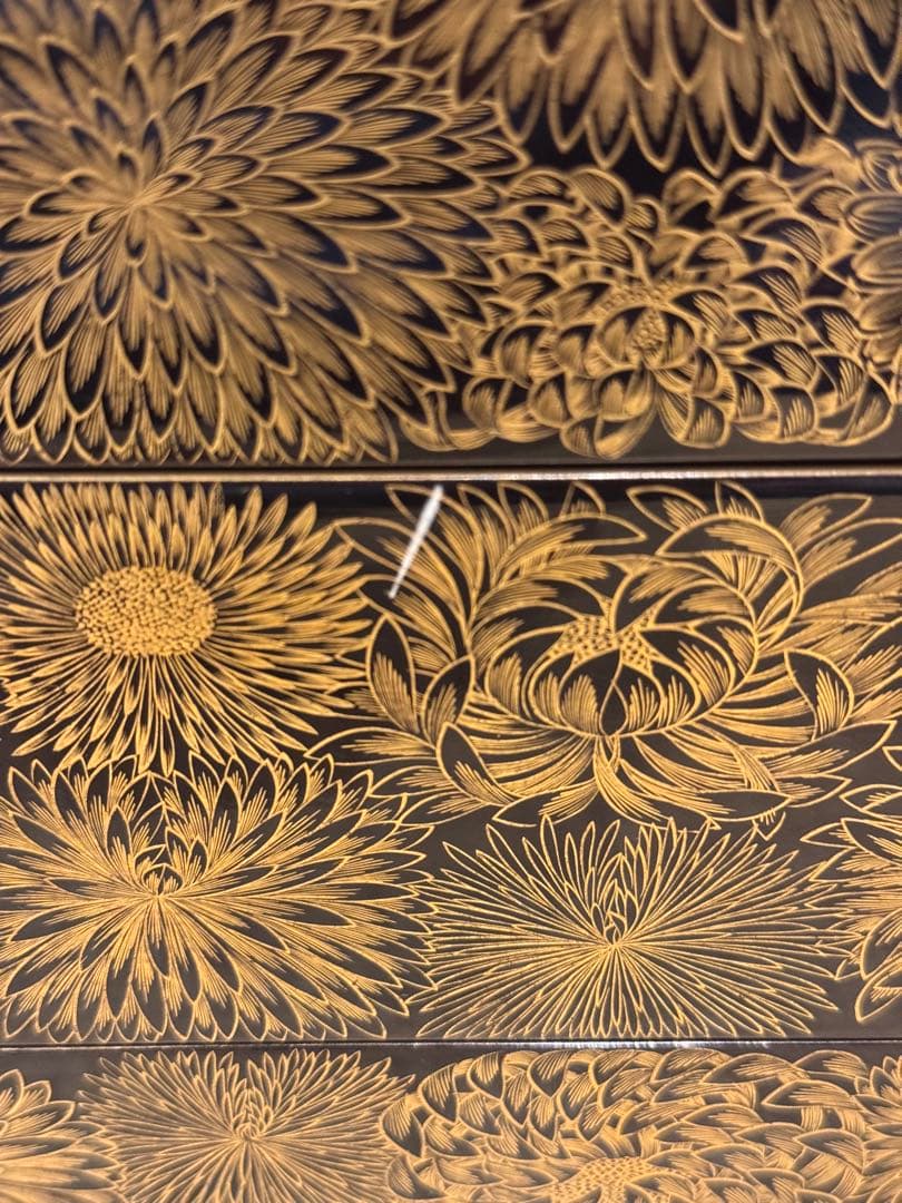 輪島塗 菊花総沈金彫 五段重箱 木製漆器