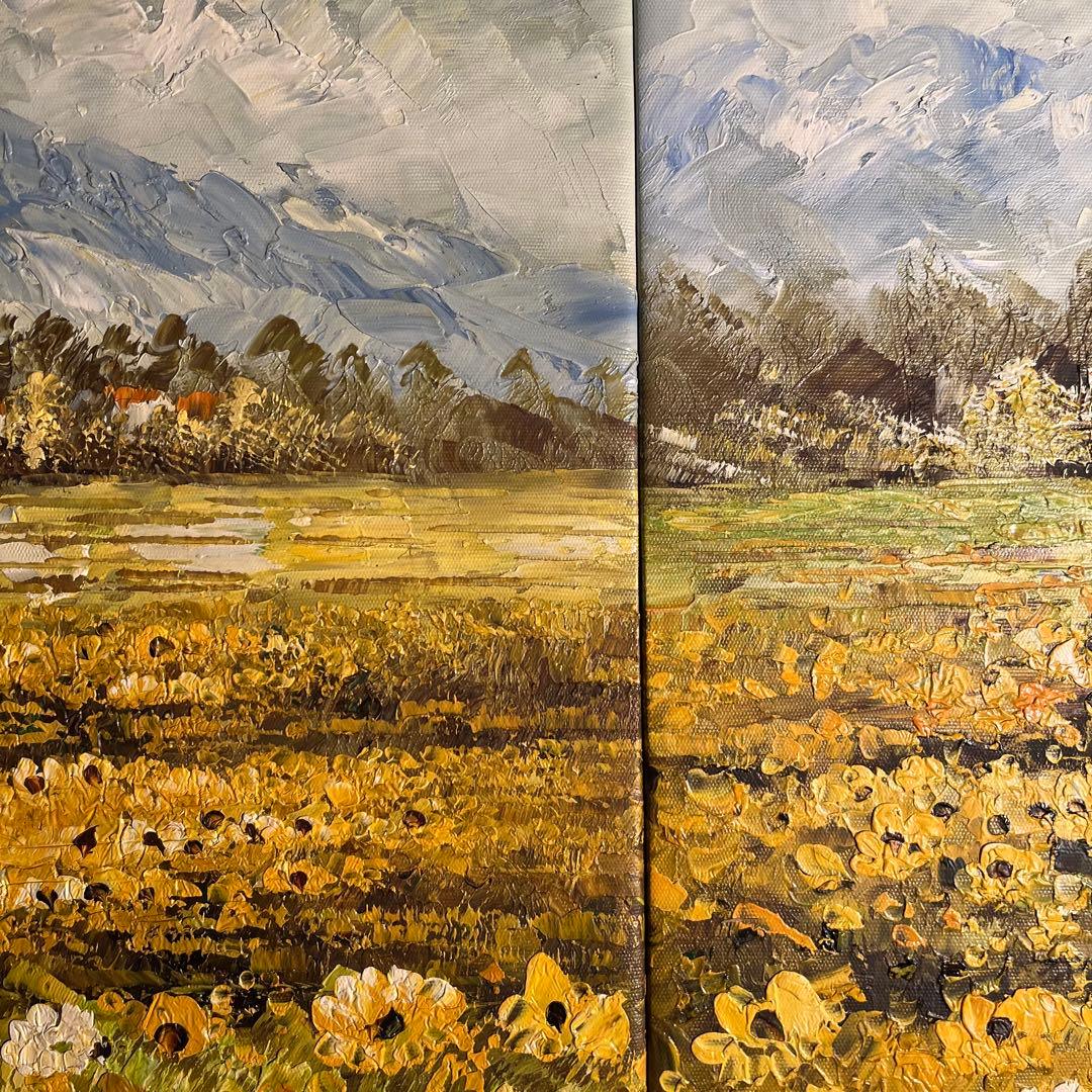 手書き油絵 ３枚組 コスモス畑 肉筆額付 額付き 絵画 インテリア 油彩画