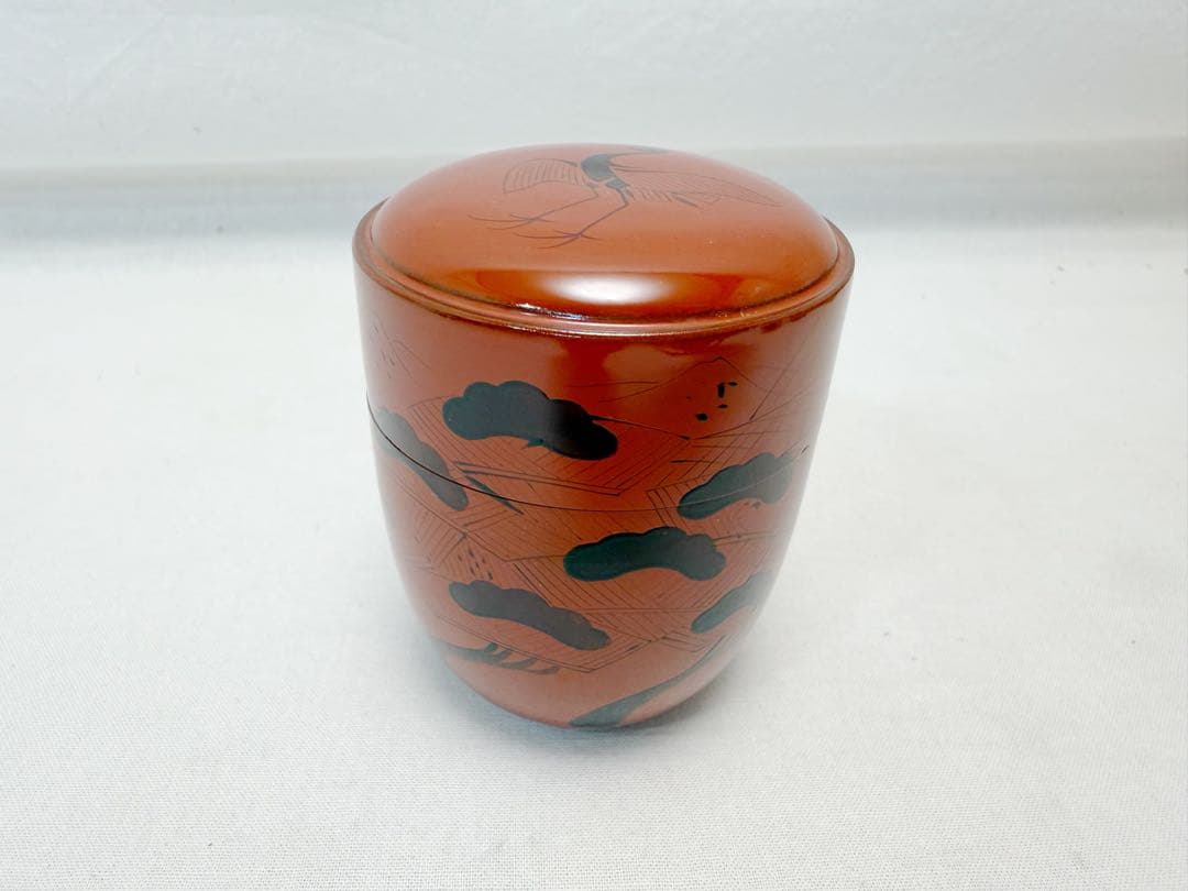 未使用 茶道具 玄々斎好写 出合桟蓋 茶通箱 木製朱塗 松鶴蒔絵棗 大津袋 茶入