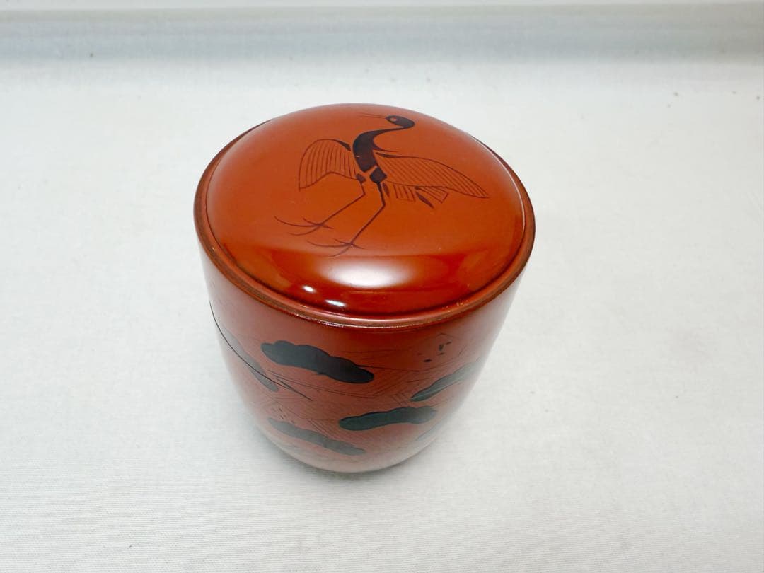 未使用 茶道具 玄々斎好写 出合桟蓋 茶通箱 木製朱塗 松鶴蒔絵棗 大津袋 茶入