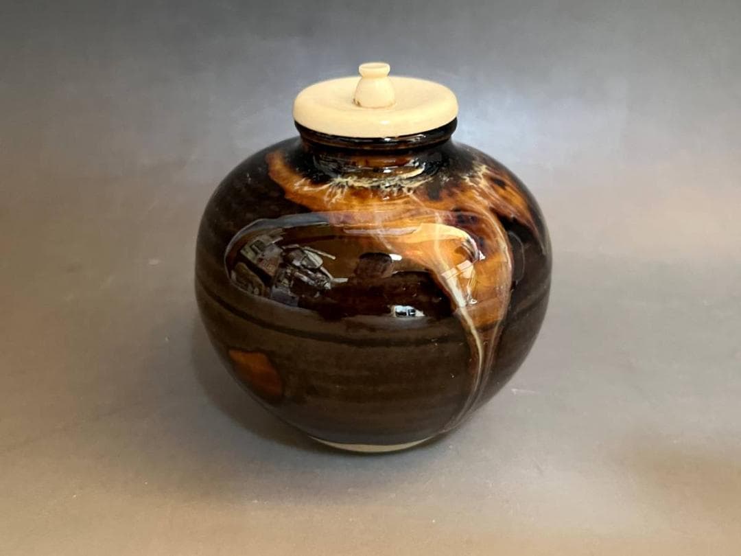 茶入■文琳茶入【洛東定一作】飴釉 糸切高台 お茶道具 古美術 時代物 骨董品■