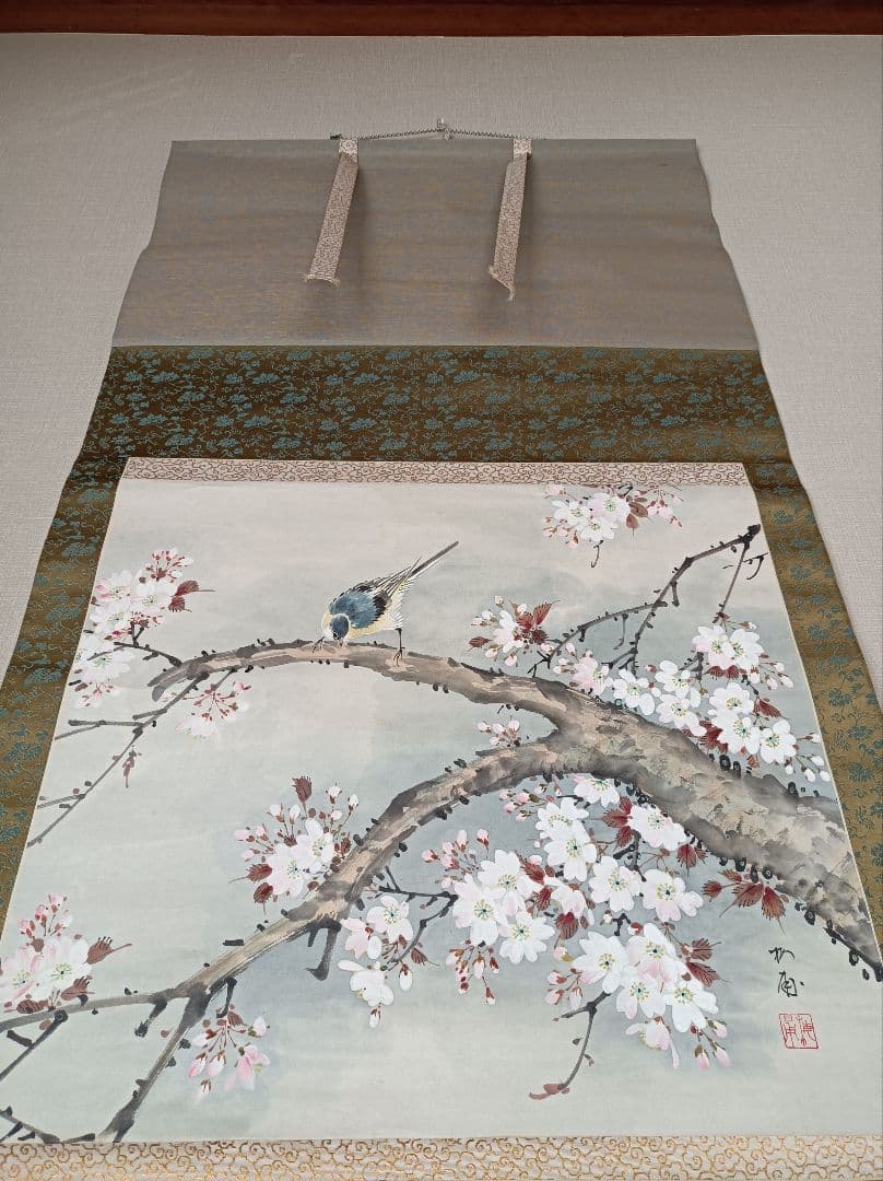 梅甫 軸 縁起 おもてなし 絵 桜 花鳥 茶 京都 中国 美術 インテリア