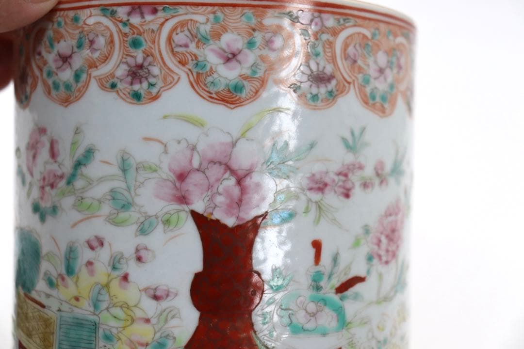 中国　粉彩花卉紋筆入　同治年製　送料込み0814