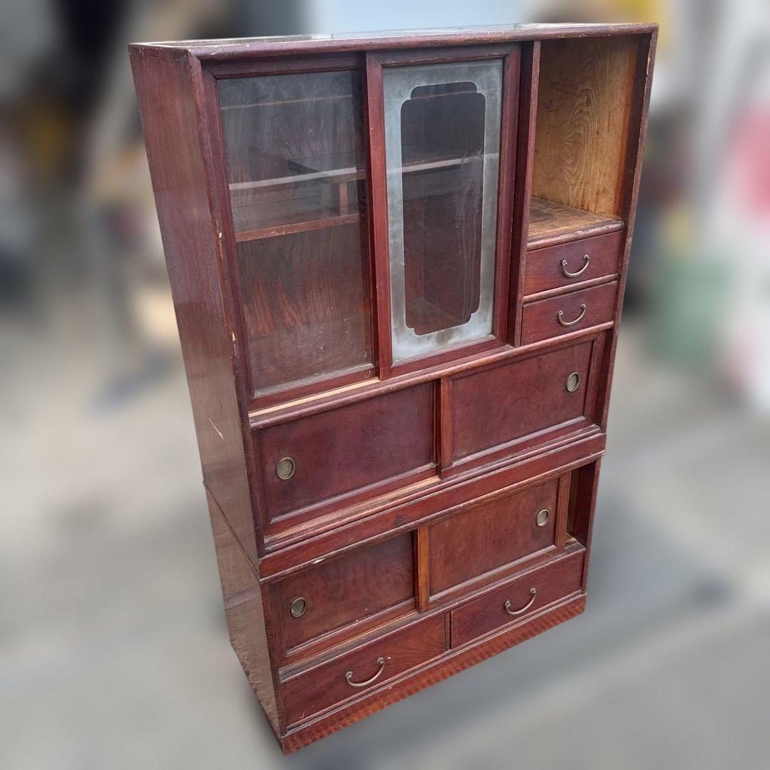 m*k様 昭和レトロ　茶箪笥　木製キャビネット 赤褐色 ガラス扉付き