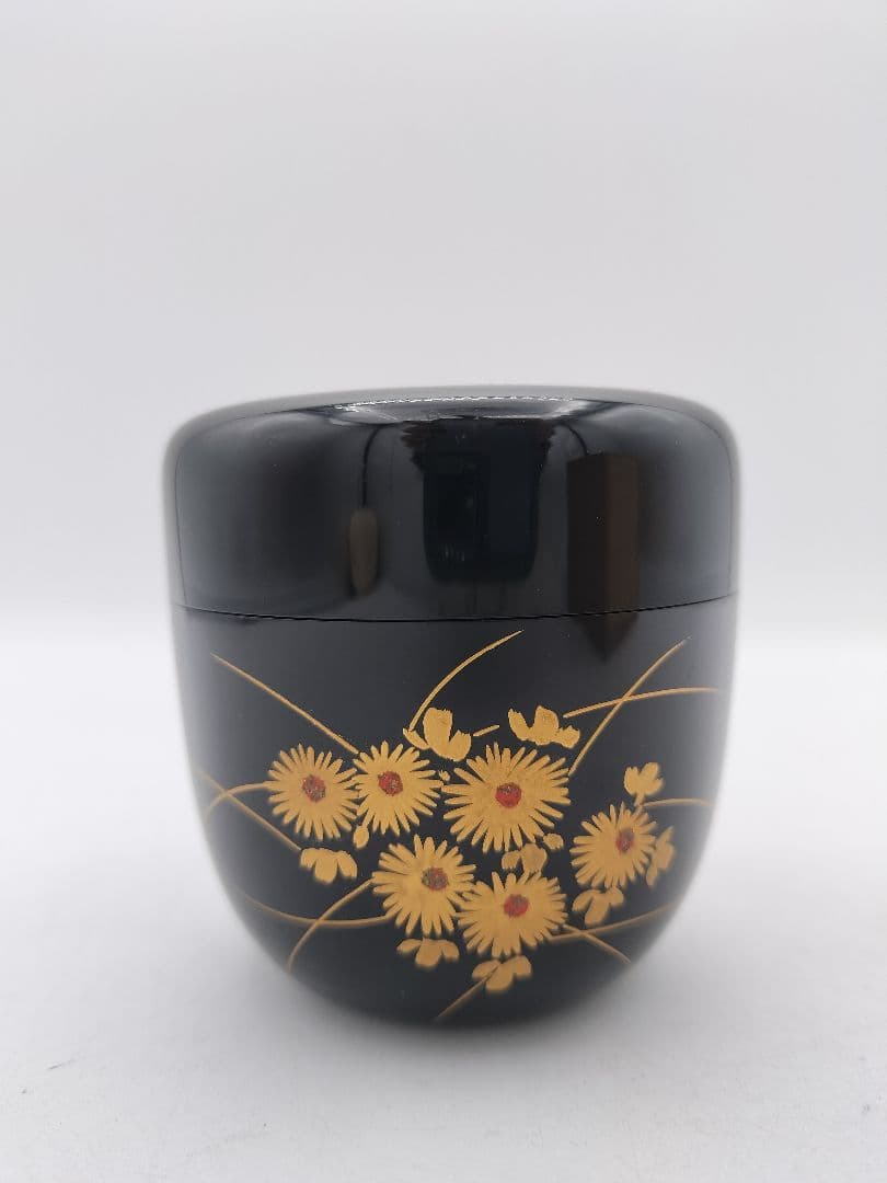 c614 黒中棗 菊蒔絵 岡本陽斎 木箱 茶道具 古物
