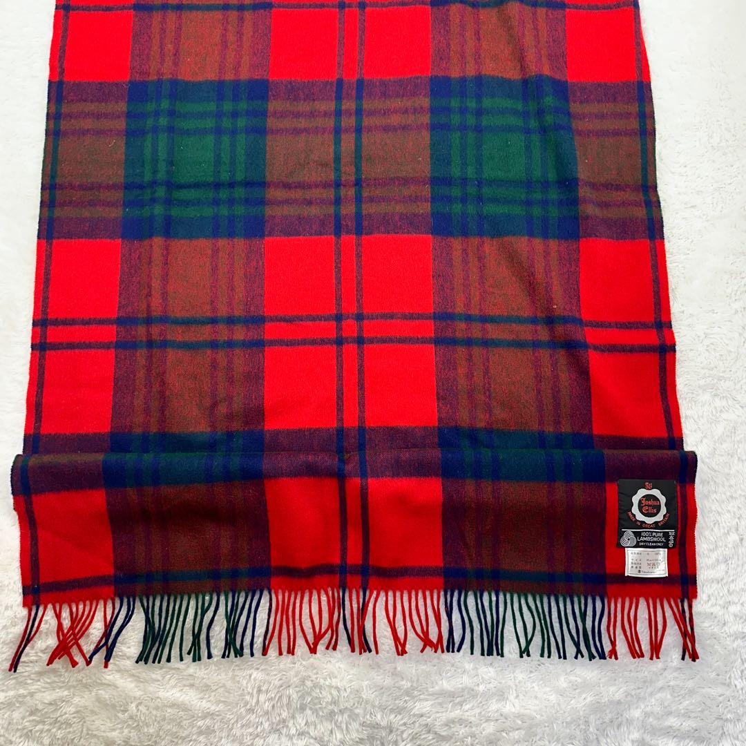 Joshua Ellis チェック　ブランケット大判ストール　赤　ラムウール