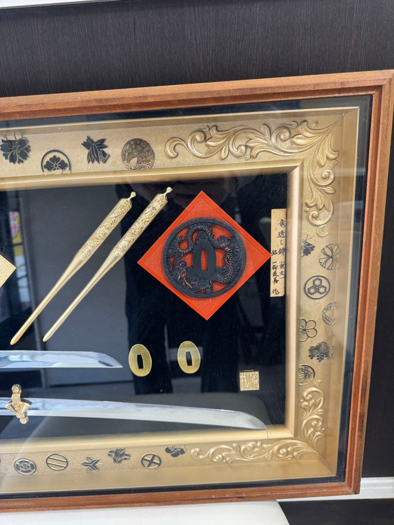 武家三大家家紋 徳川 織田 豊臣 名刀額飾り　模造刀　鍔　刀