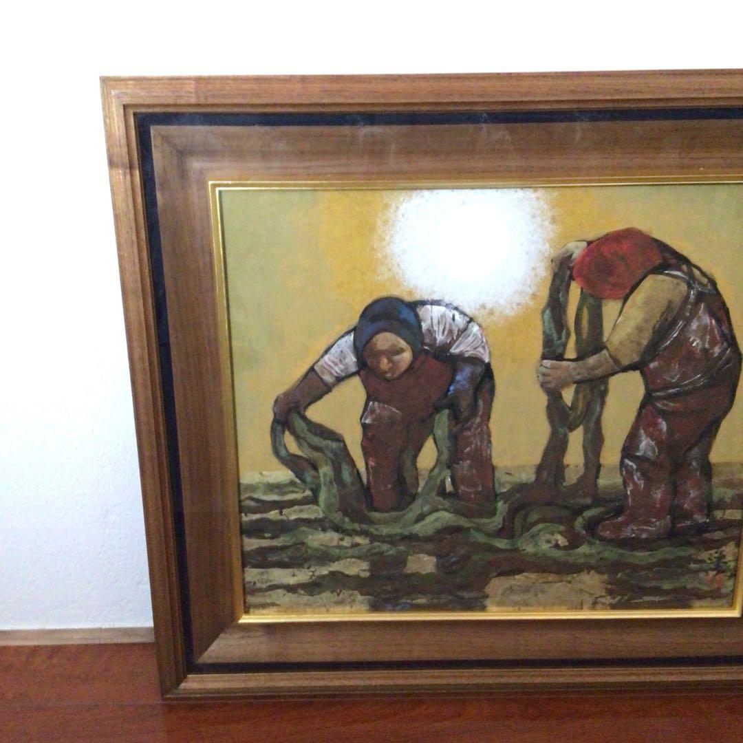 No2757額装　大森運夫　「納紗布の浜」　黄袋共箱　創画会　古美術　送料無料