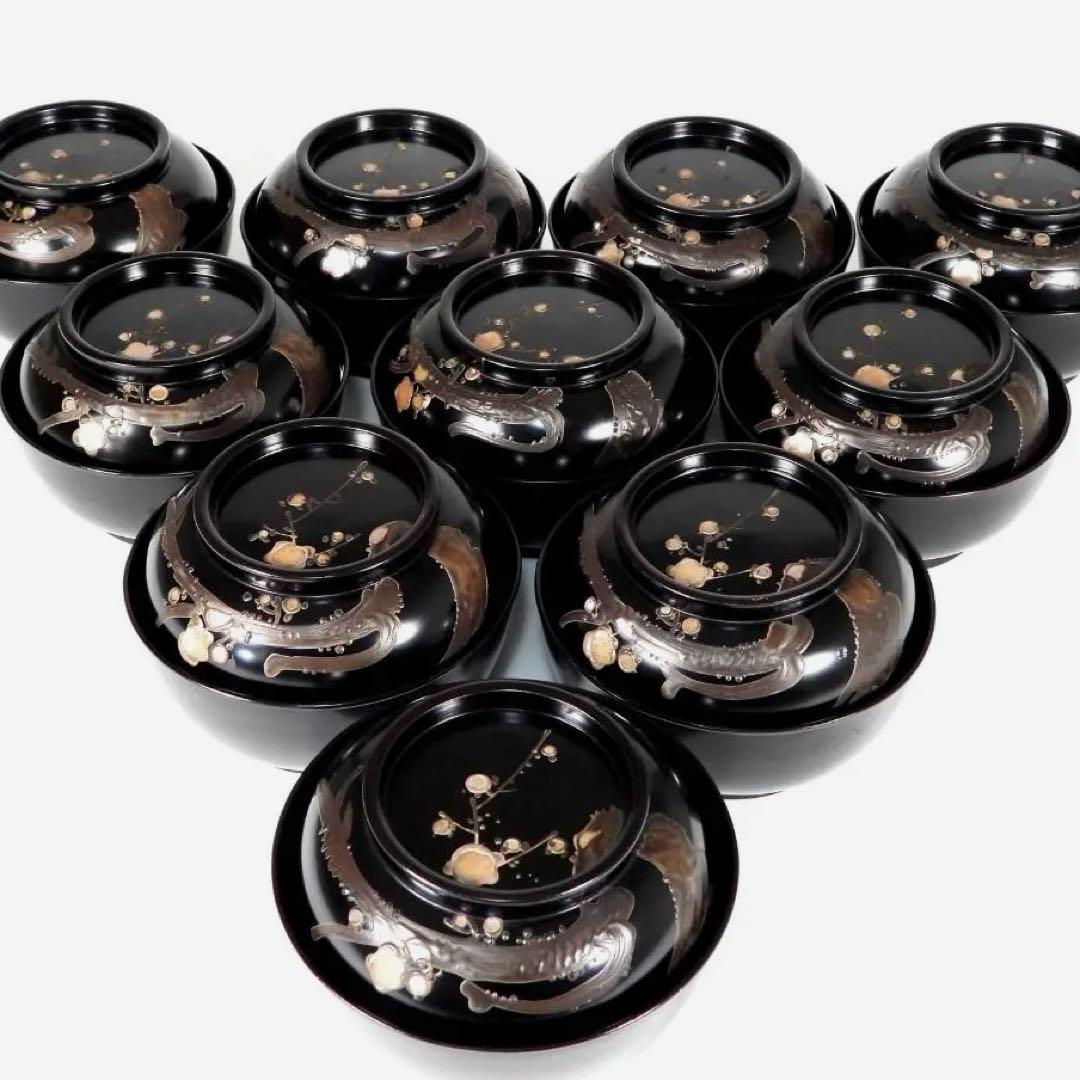 輪島塗　明治大正時期 蒔繪 鑲螺鈿 梅花雕 木製　吸物椀　10客　骨董品