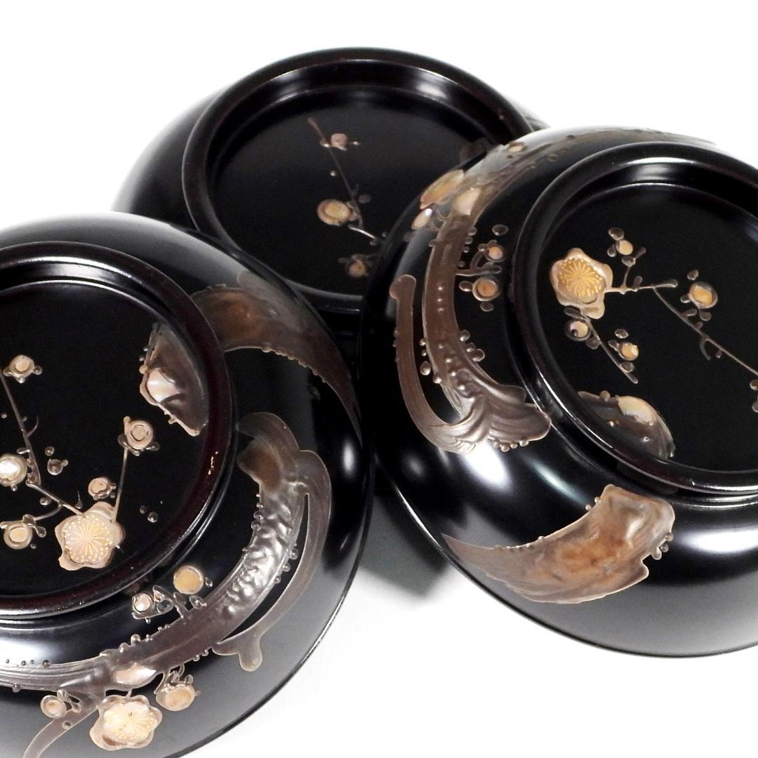 輪島塗　明治大正時期 蒔繪 鑲螺鈿 梅花雕 木製　吸物椀　10客　骨董品