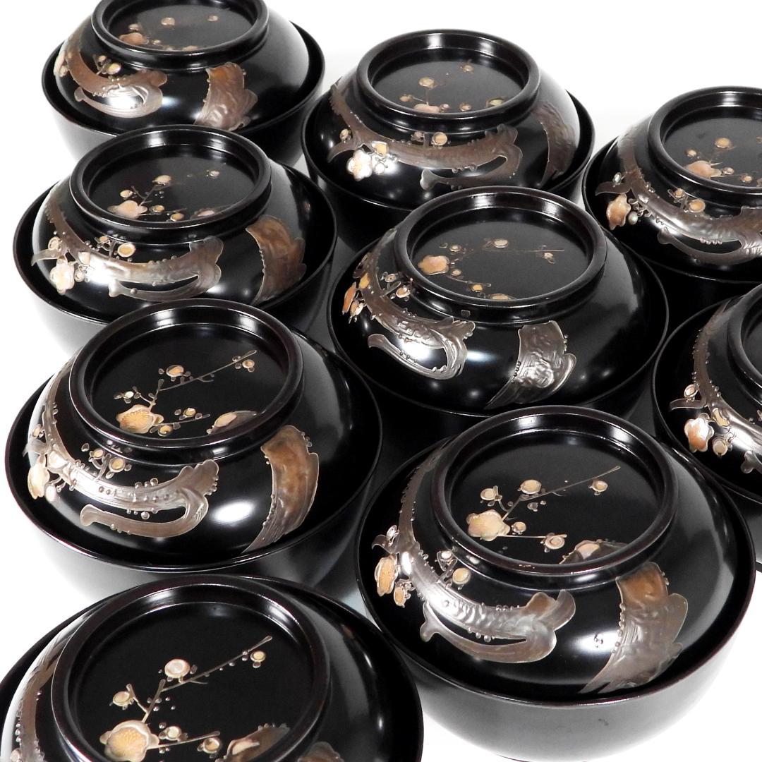 輪島塗　明治大正時期 蒔繪 鑲螺鈿 梅花雕 木製　吸物椀　10客　骨董品