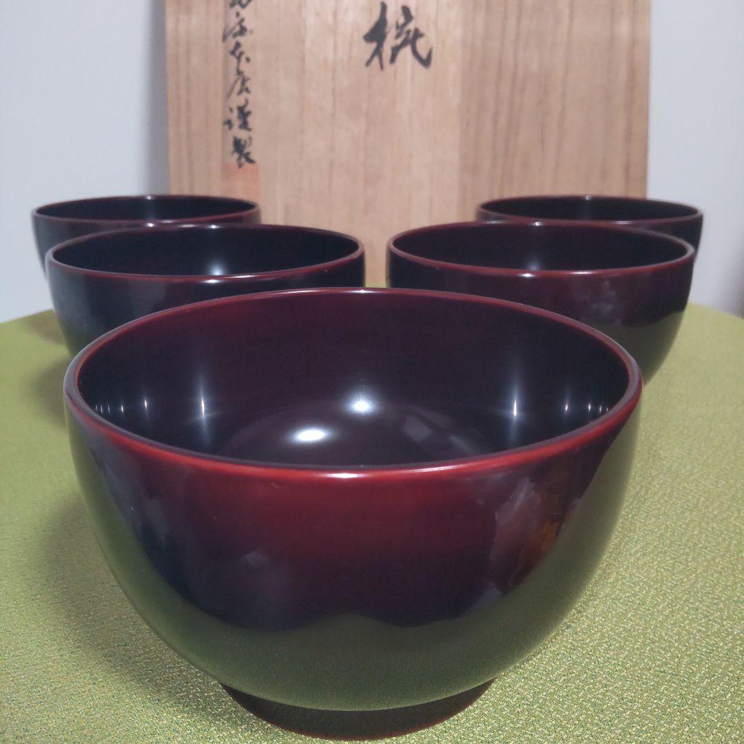 名店 輪島屋本店 輪島塗 椀 飯椀 5客 木箱付 天然木 漆塗