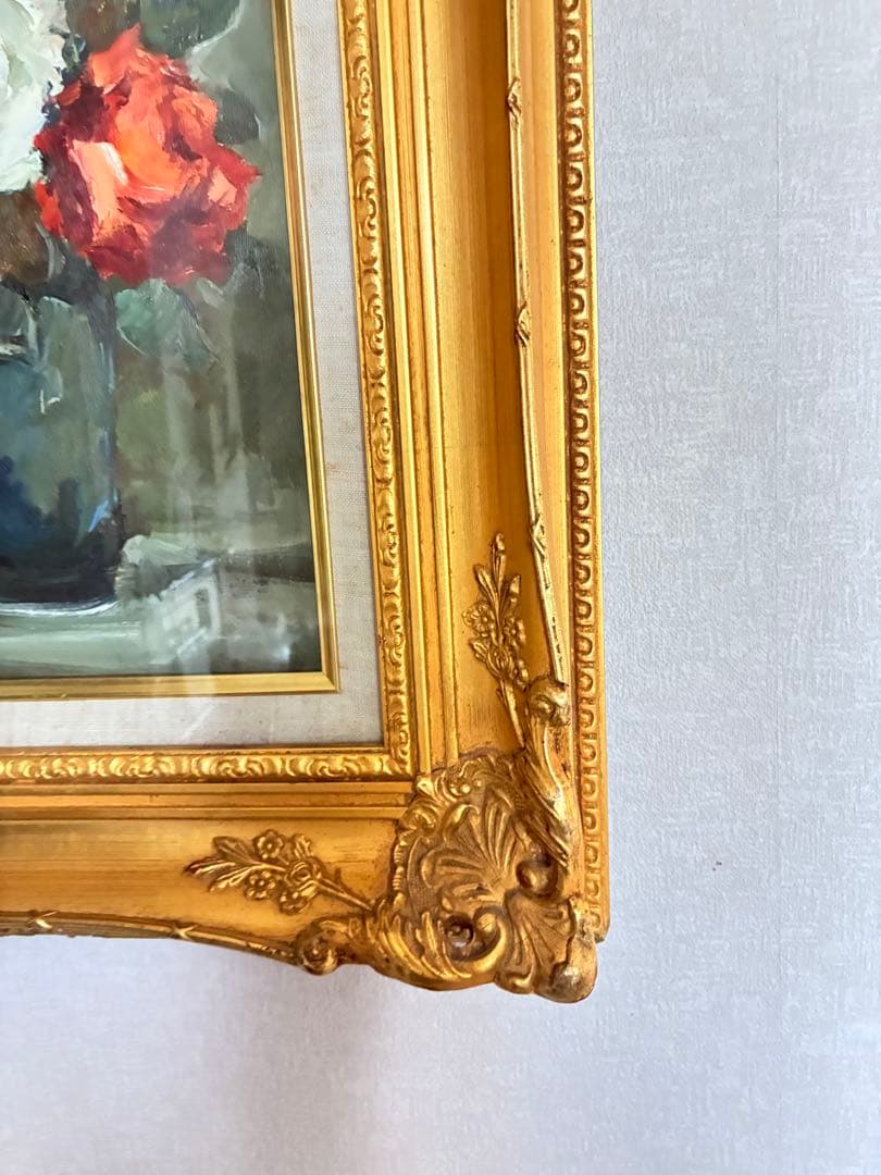 バラの油彩画 金色フレーム付きyoko 作　肉筆サインあり