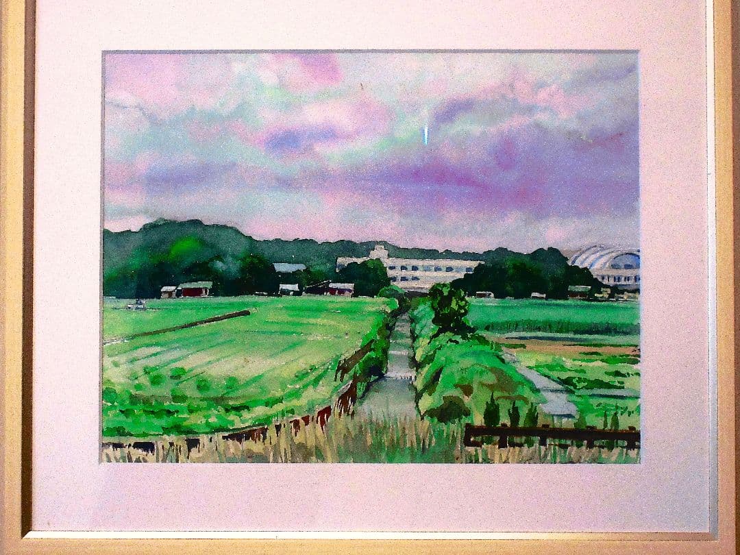 田園風景 水彩画 額縁付き
