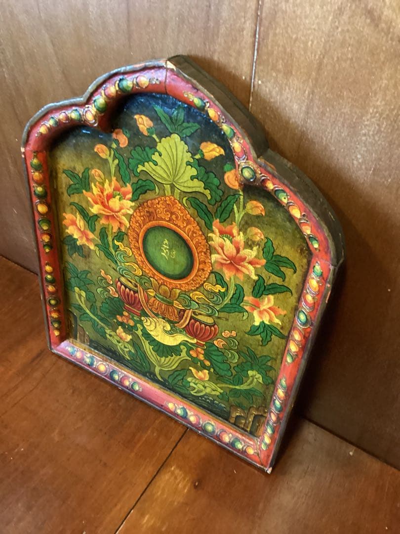 中国・雲南 シャングリラ　チベット文化圏 木製手描き花文様パネル　一点物