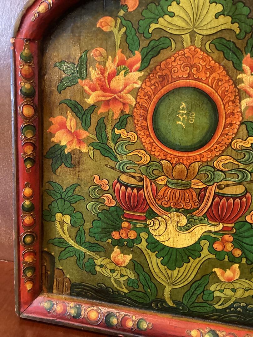 中国・雲南 シャングリラ　チベット文化圏 木製手描き花文様パネル　一点物